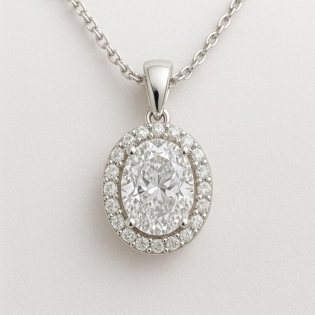 2.50 CT Lab Grown Oval Cut Diamond Halo Pendant in 14K White Gold: Elegant 2.50 carat lab grown oval cut diamond centerpiece, framed by a halo of sparkling lab grown round diamonds. Expertly set in 14K white gold with a polished finish, this pendant is suspended from