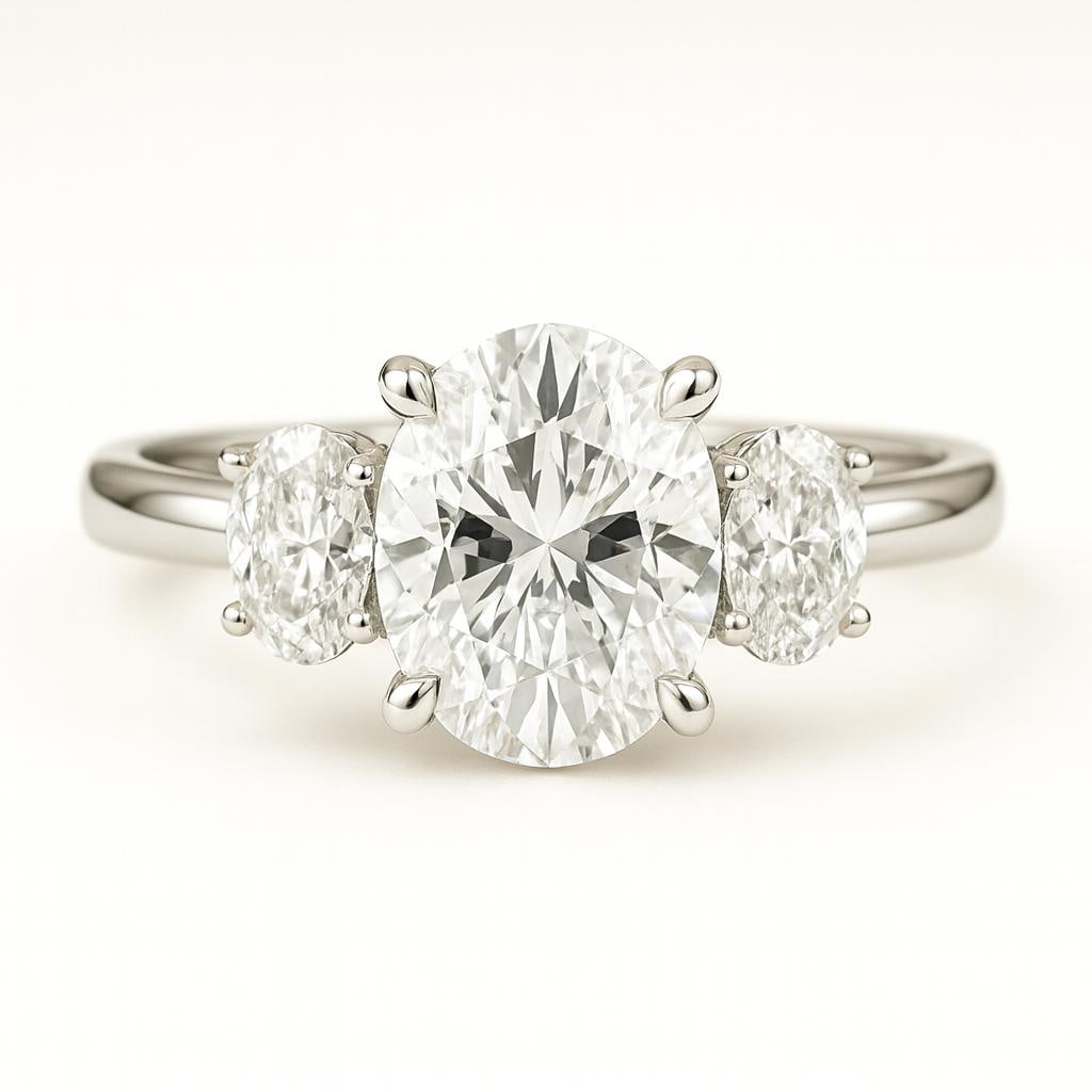 4.50 CT Lab Grown Oval Cut Three-Stone Diamond Ring in 14K White Gold: Elegant 4.50 carat lab grown oval cut diamond centerpiece, flanked by two matching oval cut lab grown side stones for a balanced three-stone design. Expertly crafted in 14K white gold with a polished 