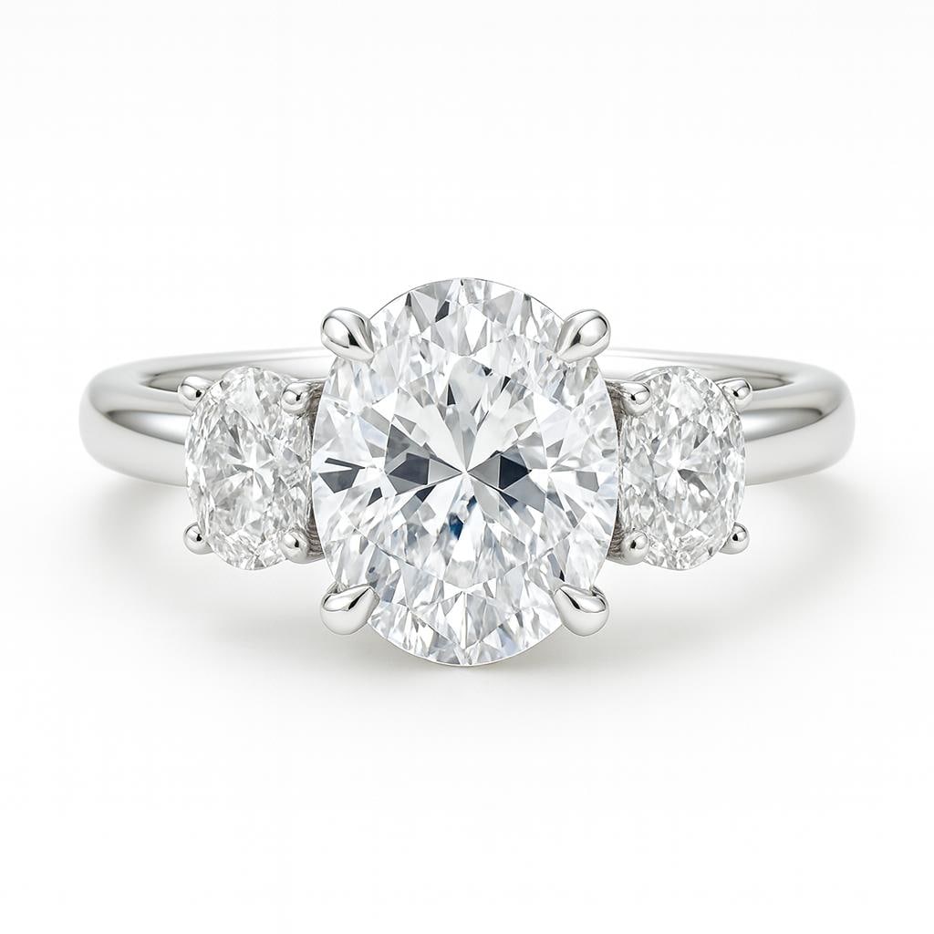 4 CT Lab Grown Oval Cut Three-Stone Diamond Ring in 14K White Gold: Chic 4 carat lab grown oval cut diamond centerpiece, flanked by two matching oval cut lab grown side stones. Expertly set in 14K white gold with a polished finish, this three-stone ring symbolizes pas