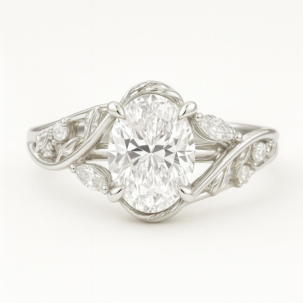 4 CT Lab Grown Oval Cut Diamond Vine-Style Ring with Marquise Side Stones in 14K White Gold: Stunning 4 carat lab grown oval cut diamond centerpiece, set in a vine-inspired band accented with marquise and round lab grown side stones. Crafted in 14K white gold with intricate detailing and a po