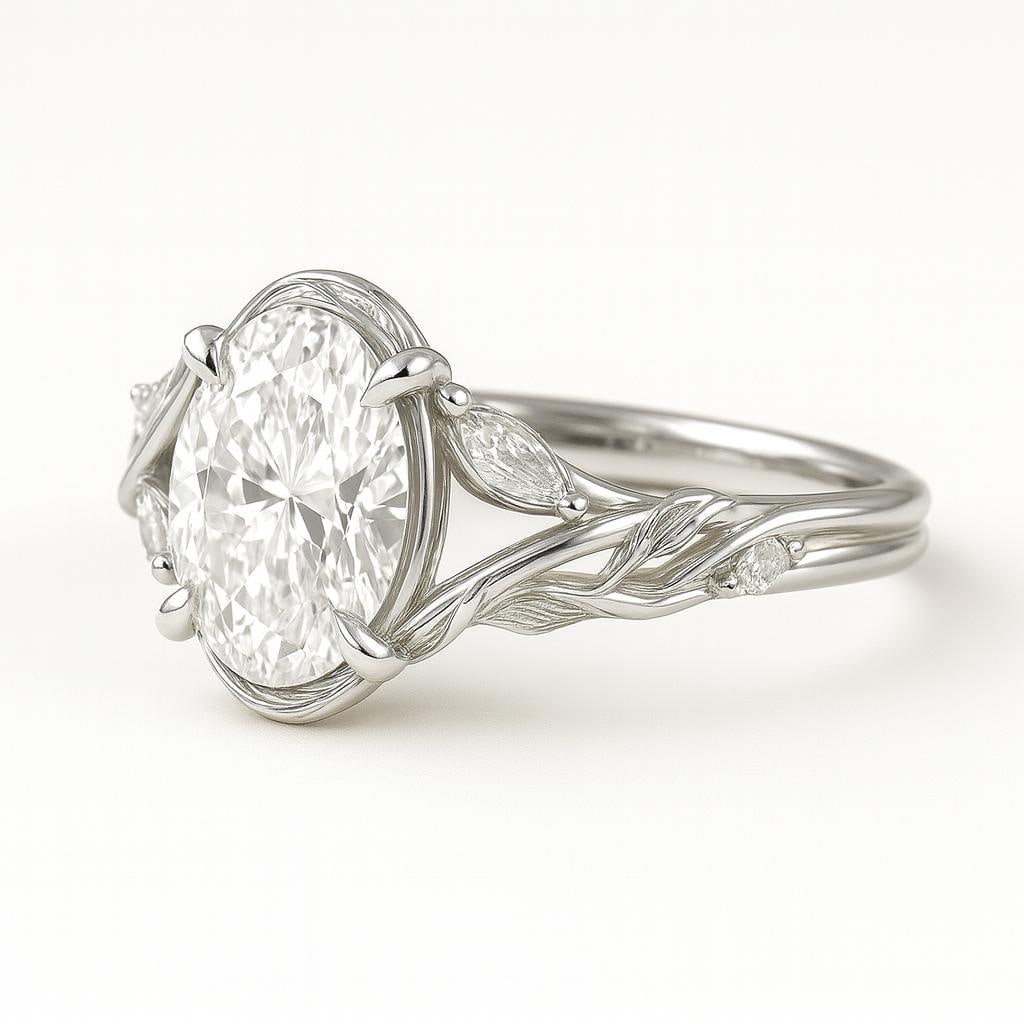 4.50 CT Lab Grown Oval Cut Diamond Vine-Style Engagement Ring in 14K White Gold: Exquisite 4.50 carat lab grown oval cut diamond centerpiece, set in a nature-inspired vine-style band. The band features delicate marquise and round lab grown side stones arranged like leaves, adding 