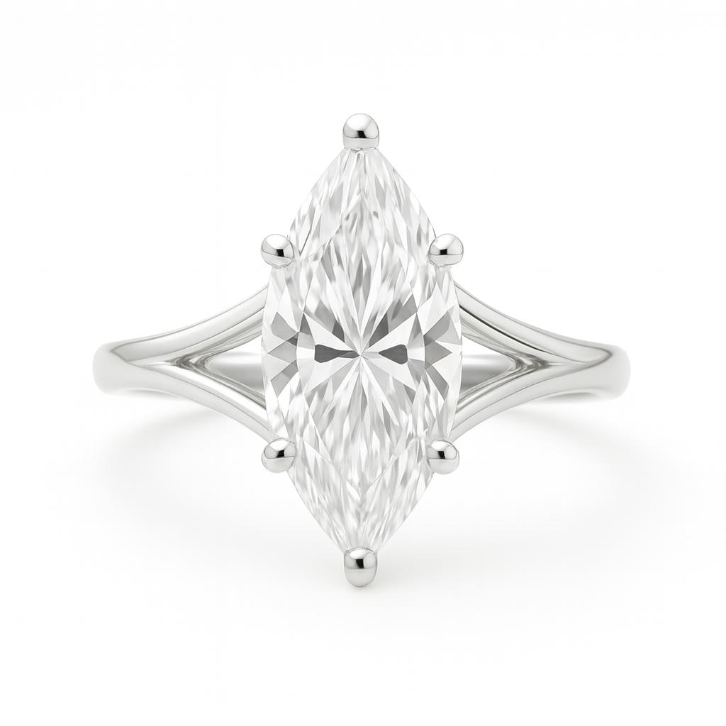 3.50 CT Lab Grown Marquise Cut Diamond Solitaire Ring in 14K White Gold: Sophisticated 3.50 carat lab grown marquise cut diamond solitaire, set in a secure prong setting. The sleek split shank band in 14K white gold enhances the elegant marquise shape, combining timeless c