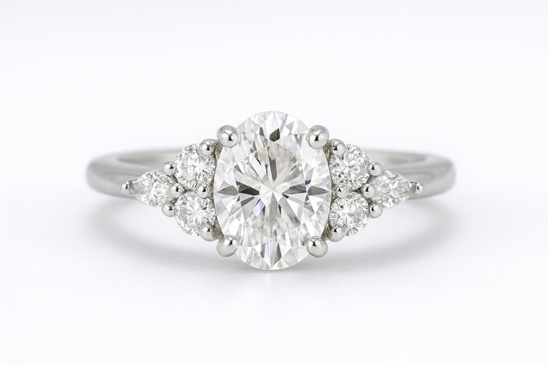 3.50 CT Lab Grown Oval Cut Diamond Ring with Round & Pear Side Stones in 14K White Gold: Elegant 3.50 carat lab grown oval cut diamond centerpiece, flanked by clusters of round brilliant and pear cut lab grown side stones for a dazzling effect. Expertly crafted in 14K white gold with a hi