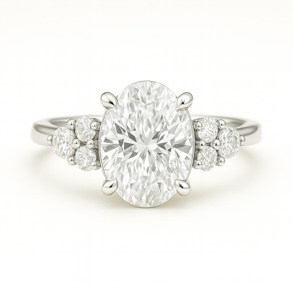 4.50 CT Lab Grown Oval Cut Diamond Ring with Round Cluster Side Stones in 14K White Gold: Elegant 4.50 carat lab grown oval cut diamond centerpiece, accented by round brilliant cluster side stones on each shoulder for added sparkle. Expertly crafted in 14K white gold with a high-polish fin