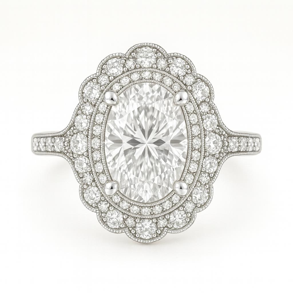 3.50 CT Lab Grown Oval Cut Diamond Vintage Double Halo Ring in 14K White Gold: Stunning 3.50 carat lab grown oval cut diamond centerpiece, surrounded by a double halo of sparkling lab grown round diamonds in a scalloped vintage design. The pavé-set band with intricate milgrain 
