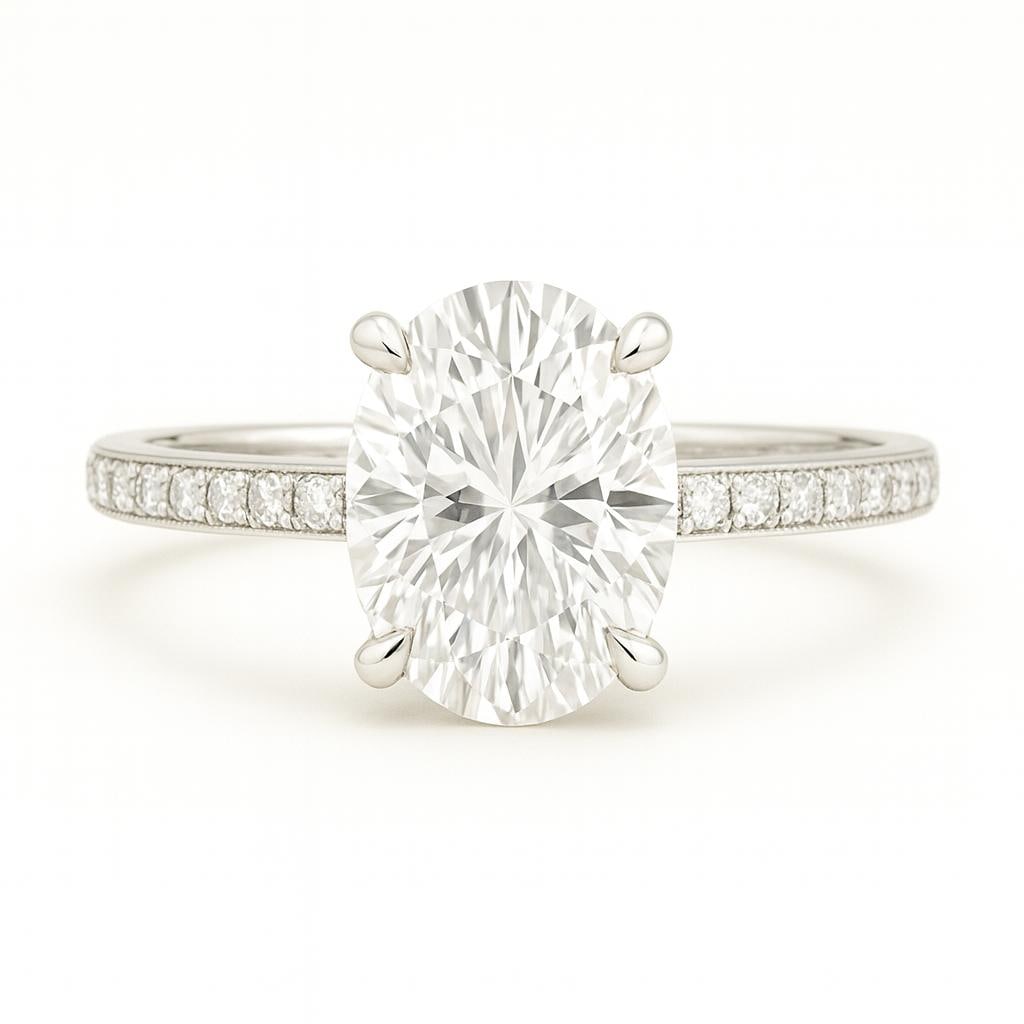 3.50 CT Lab Grown Oval Cut Diamond Solitaire Ring with Pavé Band in 14K White Gold: Elegant 3.50 carat lab grown oval cut diamond solitaire, set in a secure prong setting. The pavé-set diamond band in 14K white gold adds extra brilliance and timeless charm, making this a perfect sym