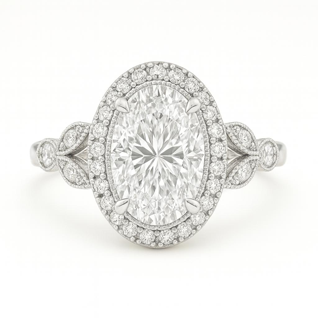 6.50 CT Lab Grown Oval Cut Diamond Halo Ring with Marquise Accented Band in 14K White Gold: Magnificent 6.50 carat lab grown oval cut diamond centerpiece, encircled by a halo of sparkling lab grown round diamonds. The band features marquise-shaped diamond accents with intricate detailing, al