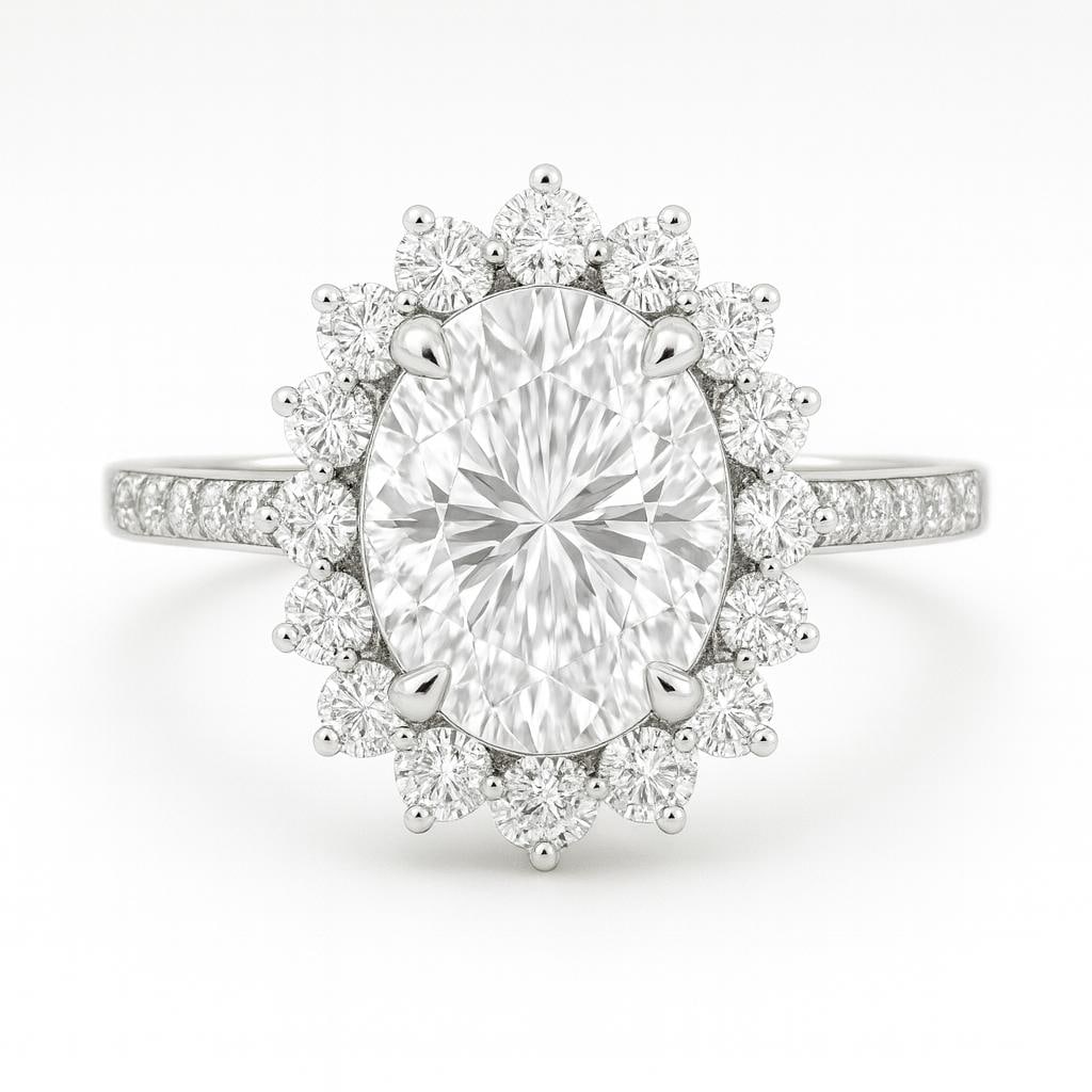 5.50 CT Lab Grown Oval Cut Diamond Floral Halo Ring with Pavé Band in 14K White Gold: Brilliant 5.50 carat lab grown oval cut diamond centerpiece, surrounded by a floral-inspired halo of sparkling round lab grown diamonds. The pavé-set band crafted in 14K white gold enhances the brill