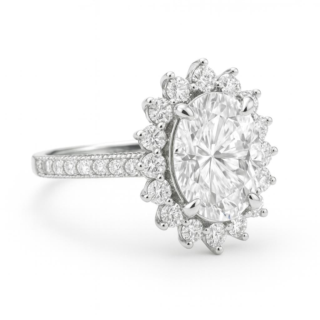 6.50 CT Lab Grown Oval Cut Diamond Floral Halo Ring with Pavé Band in 14K White Gold: Magnificent 6.50 carat lab grown oval cut diamond centerpiece, encircled by a floral-inspired halo of sparkling round brilliant lab grown diamonds. The pavé-set band in 14K white gold enhances its br