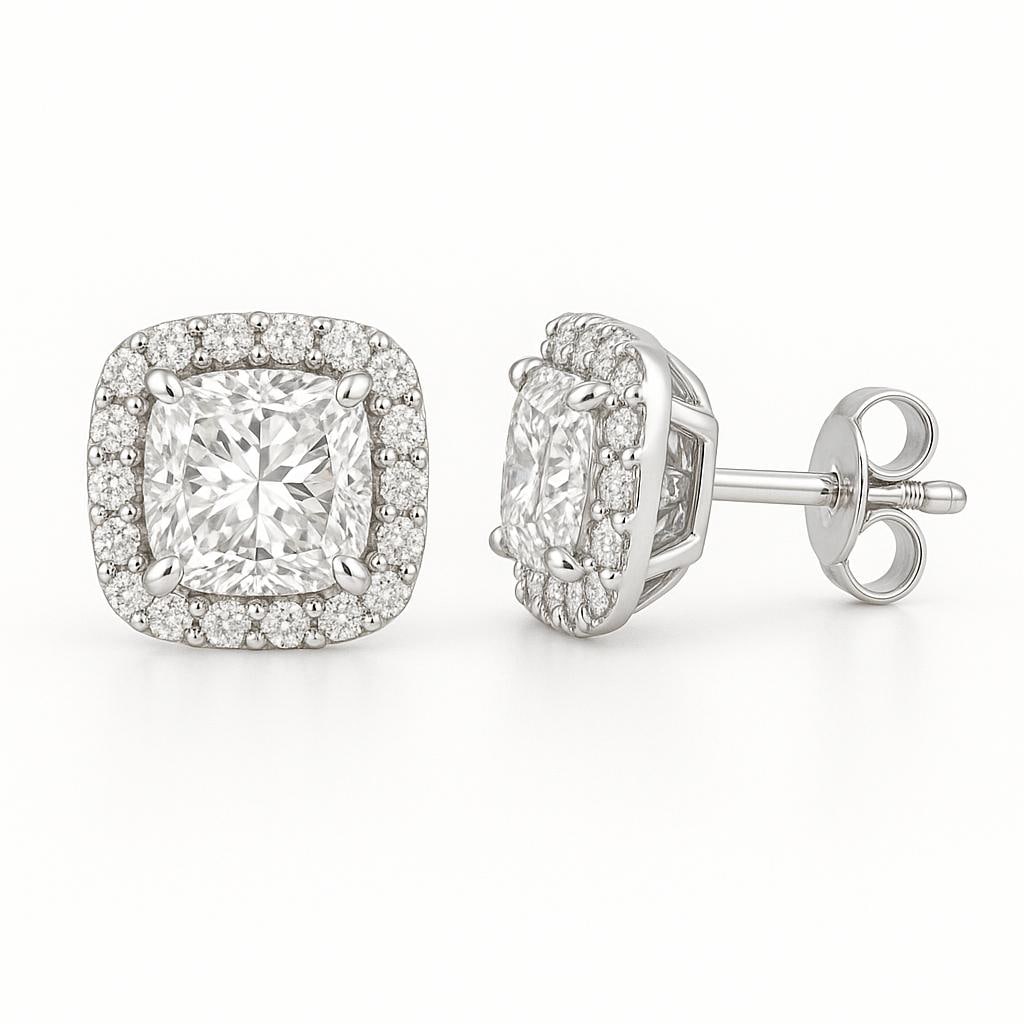 3 CT Lab Grown Cushion Cut Diamond Halo Stud Earrings in 14K White Gold: Elegant 3 carat lab grown cushion cut diamond studs, encircled by a halo of sparkling lab grown round diamonds. Set in 14K white gold with secure prong settings and push-back closures, these earrings 