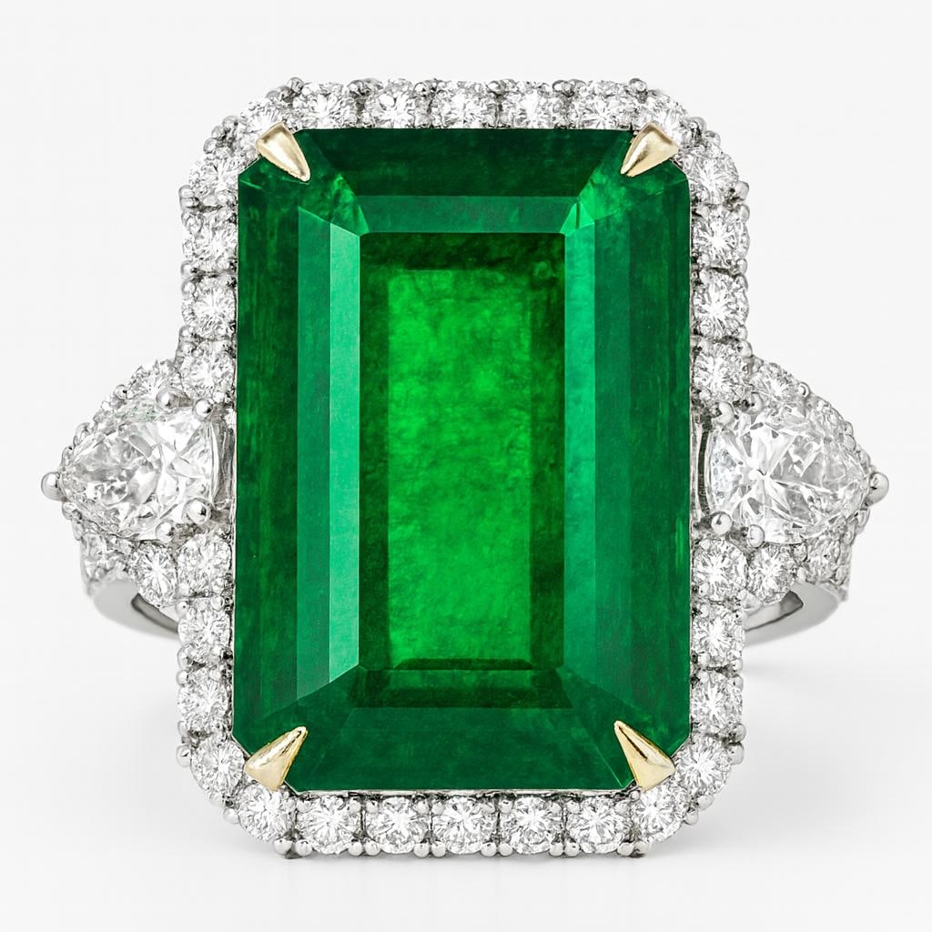 20 CT Lab Grown Emerald Cut Green Emerald Ring with Lab Grown Diamond Side Stones in 14K White Gold: Magnificent 20 carat lab grown emerald cut green emerald centerpiece, framed with a halo of sparkling lab grown round diamonds. The design is further enhanced with lab grown pear-shaped side stones, a
