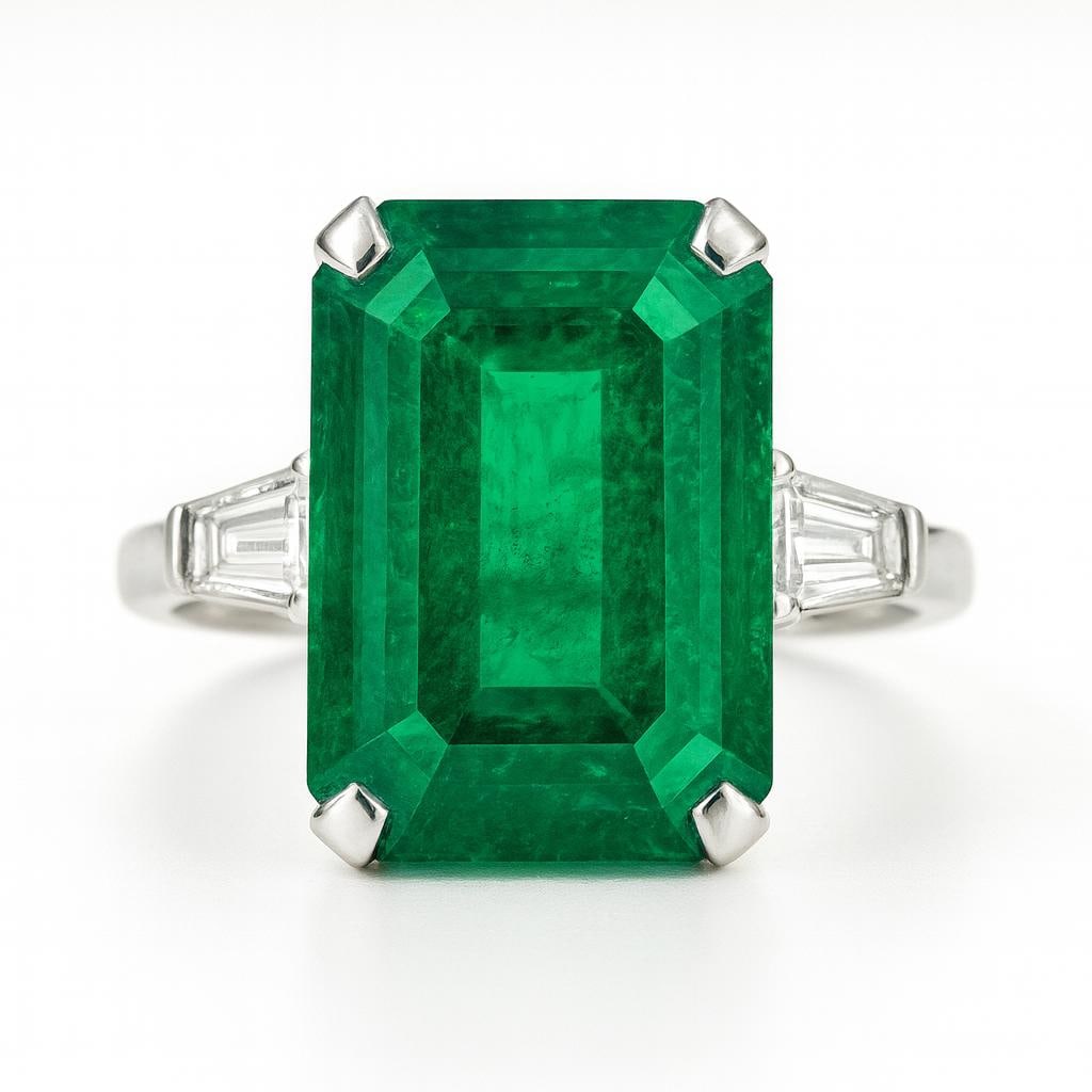 15 CT Lab Grown Emerald Cut Green Emerald Ring with Baguette Diamond Side Stones in 14K White Gold: Majestic 15 carat lab grown emerald cut green emerald centerpiece, accented by tapered baguette lab grown diamond side stones for a refined, sophisticated look. Expertly crafted in 14K white gold with