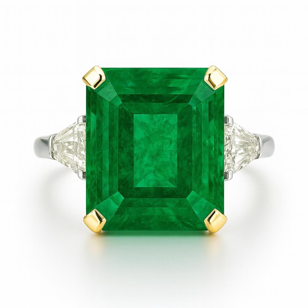 20 CT Lab Grown Emerald Cut Green Emerald Ring with Trillion Diamond Side Stones in 14K White Gold: Magnificent 20 carat lab grown emerald cut vivid green emerald centerpiece, flanked by two lab grown trillion cut diamond side stones for a bold and luxurious look. The rich green emerald is secured w