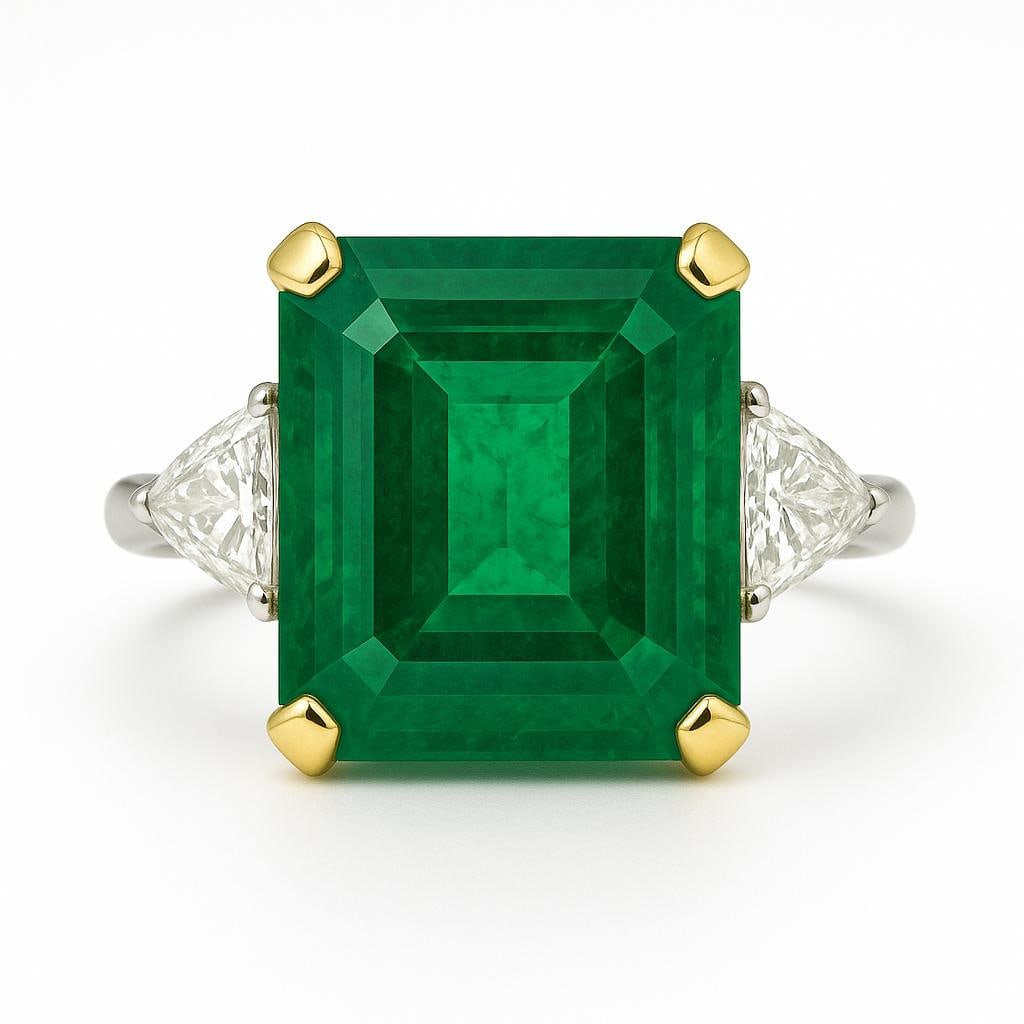 15 CT Lab Grown Emerald Cut Green Emerald Ring with Trillion Diamond Side Stones in 14K White Gold: Stunning 15 carat lab grown emerald cut vivid green emerald centerpiece, flanked by two lab grown trillion cut diamond side stones for a bold and luxurious finish. The emerald is secured with yellow g