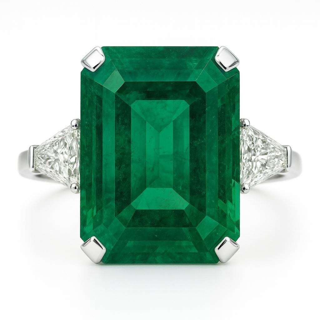 20 CT Lab Grown Emerald Cut Green Emerald Ring with Trillion Diamond Side Stones in 14K White Gold: Opulent 20 carat lab grown emerald cut vivid green emerald centerpiece, flanked by two lab grown trillion cut diamond side stones for a bold and luxurious finish. Set in a sleek 14K white gold band wi