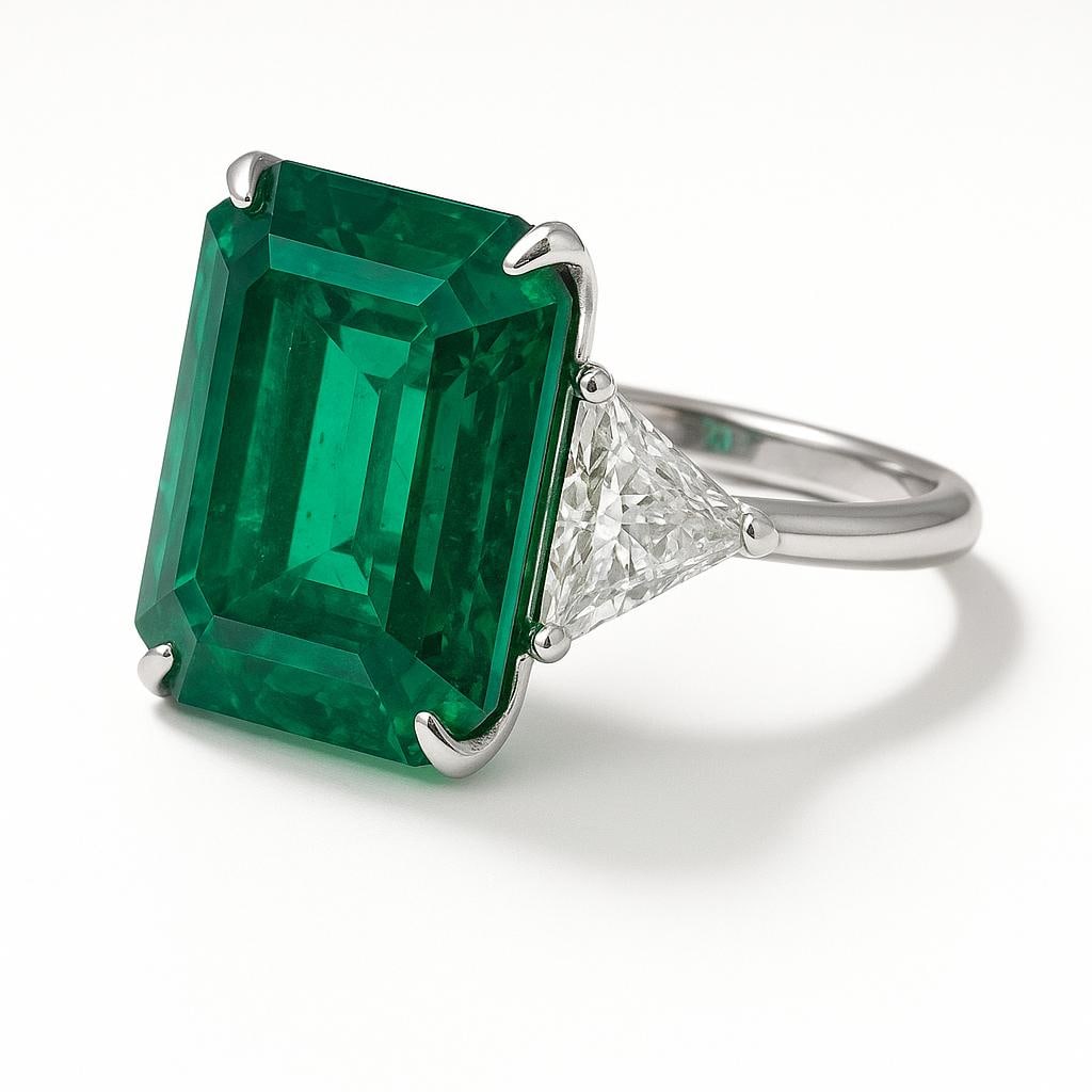 10 CT Lab Grown Emerald Cut Green Emerald Ring with Trillion Diamond Side Stones in 14K White Gold: Luxurious 10 carat lab grown emerald cut vivid green emerald centerpiece, enhanced with lab grown trillion cut diamond side stones for added brilliance. Crafted in 14K white gold with a polished finis