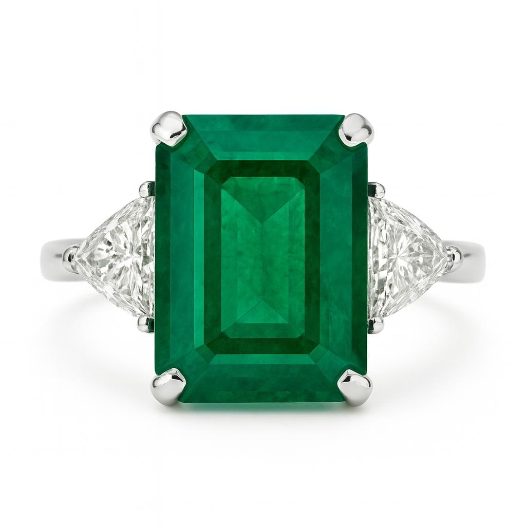 15 CT Lab Grown Emerald Cut Diamond Ring with Side Stones in 14K White Gold: Sophisticated 15 carat lab grown emerald cut diamond accented with trapezoid side stones. Set in 14K white gold, polished to perfection.Color Grade: E–FClarity: VVS1–VS1Ring Size: 6.5 US (Resizabl