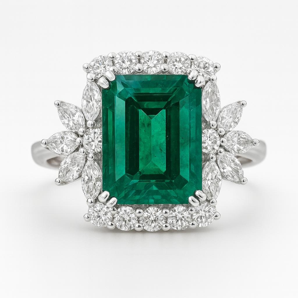 10 CT Lab Grown Emerald Cut Diamond Floral Halo Ring in 14K White Gold: Elegant 10 carat lab grown emerald cut diamond surrounded by floral-inspired round and marquise cut diamonds. Set in 14K white gold.Color Grade: E–FClarity: VVS1–VS1Ring Size: 6.5 US (Resizable 4�
