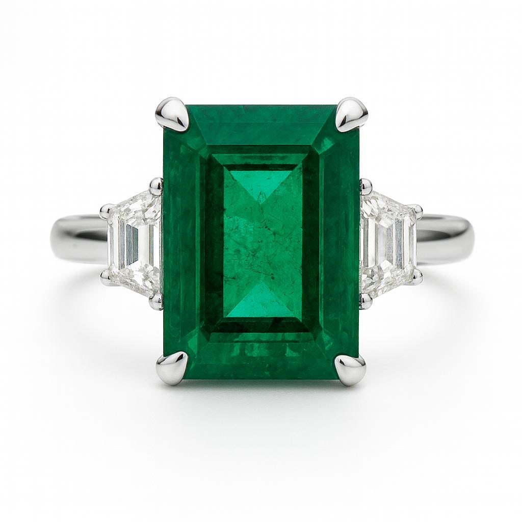 10 CT Lab Grown Emerald Cut Diamond Ring with Trapezoid Side Stones in 14K White Gold: Sophisticated 10 carat lab grown emerald cut diamond accented with trapezoid side stones in a classic 14K white gold band.Color Grade: E–FClarity: VVS1–VS1Ring Size: 6.5 US (Resizable 4–12)Condi