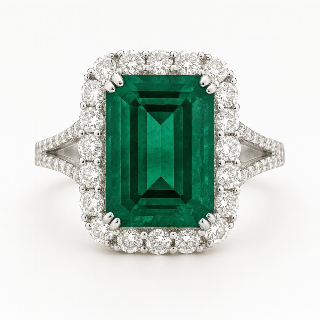 10 CT Lab Grown Emerald Cut Diamond Halo Engagement Ring in 14K White Gold: Magnificent 10 carat lab grown emerald cut diamond surrounded by a halo of round cut diamonds, mounted in 14K white gold.Color Grade: E–FClarity: VVS1–VS1Ring Size: 6.5 US (Resizable 4–12)Condit