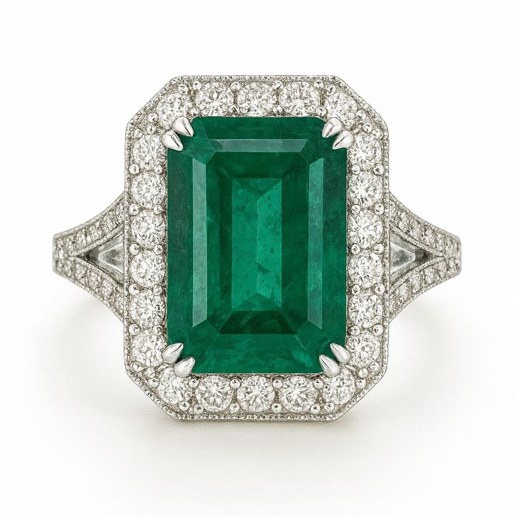 15 CT Lab Grown Emerald Cut Diamond Vintage Halo Ring in 14K White Gold: Luxurious 15 carat lab grown emerald cut diamond with vintage-style round halo, set in 14K white gold.Color Grade: E–FClarity: VVS1–VS1Ring Size: 6.5 US (Resizable 4–12)Condition: ExcellentMater