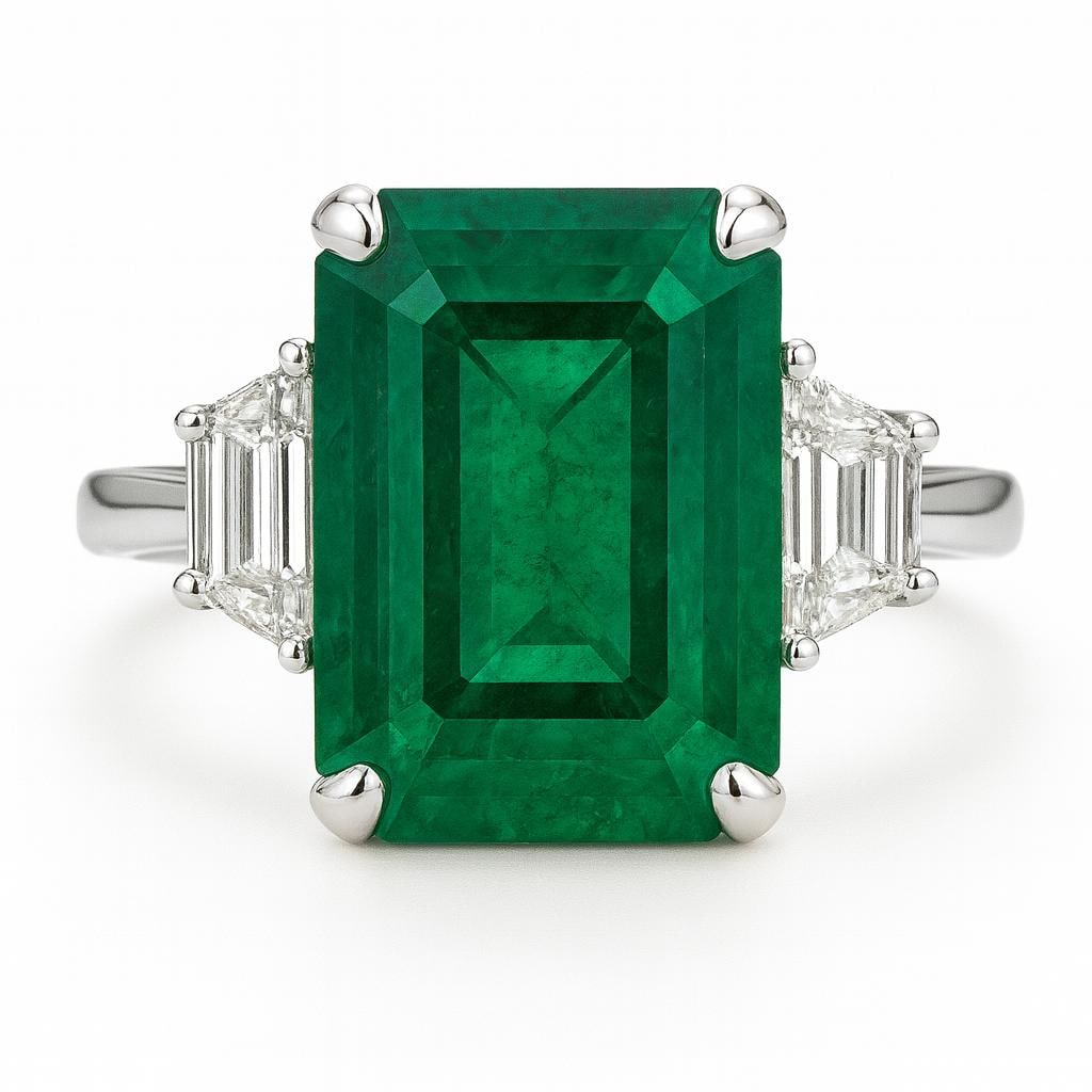 20 CT Lab Grown Emerald Cut Diamond Ring with Side Stones in 14K White Gold: Magnificent 20 carat lab grown emerald cut diamond flanked by trapezoid side stones in 14K white gold.Color Grade: E–FClarity: VVS1–VS1Ring Size: 6.5 US (Resizable 4–12)Condition: ExcellentMater