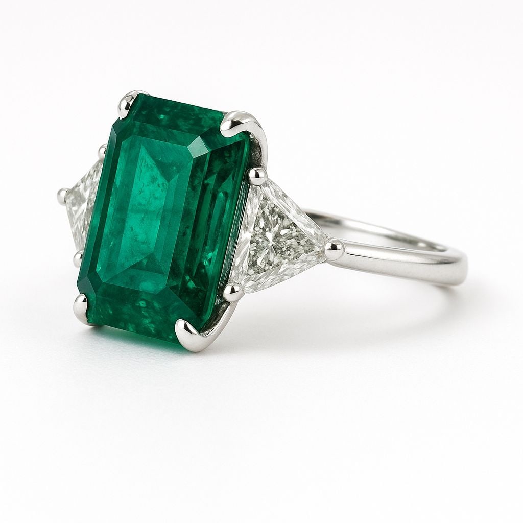 10 CT Lab Grown Emerald Cut Diamond Ring with Side Stones in 14K White Gold: Elegant 10 carat lab grown emerald cut diamond accented with trapezoid side stones in 14K white gold.Color Grade: E–FClarity: VVS1–VS1Ring Size: 6.5 US (Resizable 4–12)Condition: ExcellentMateri