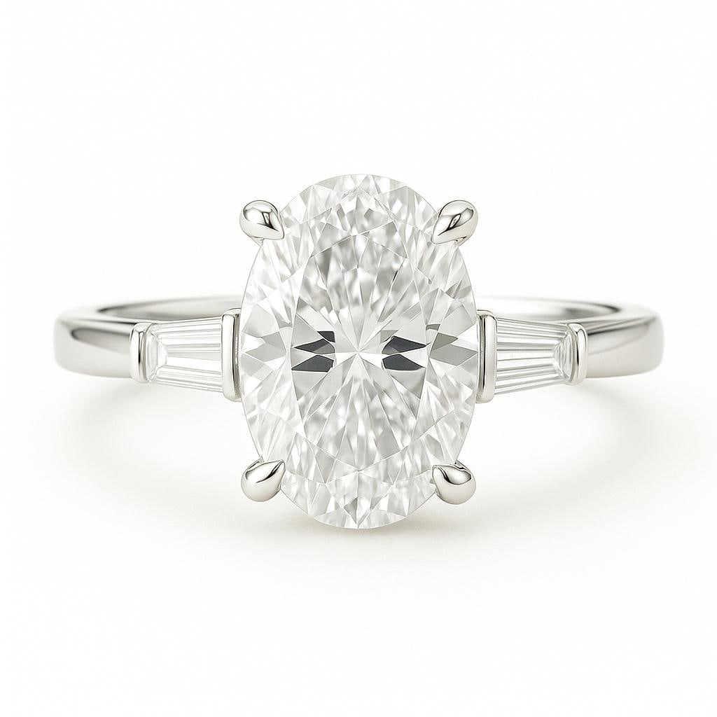 5.50 CT Lab Grown Oval Cut Diamond Ring with Baguette Side Stones in 14K White Gold: Refined 5.50 carat lab grown oval cut diamond centerpiece set in 14K white gold with tapered baguette accents.Color Grade: E–FClarity: VVS1–VS1Ring Size: 6.5 US (Resizable 4–12)Condition: Excell