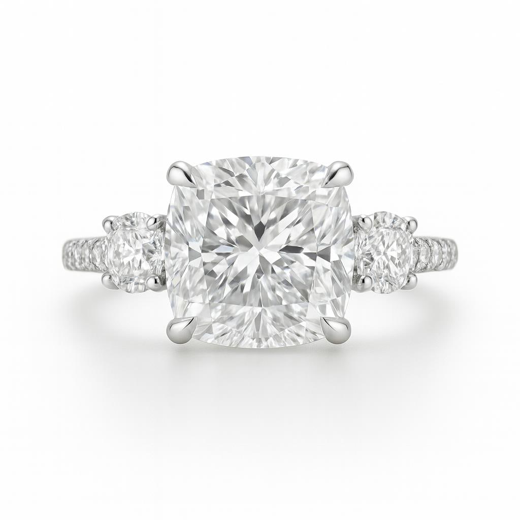 6.50 CT Lab Grown Cushion Cut Diamond Ring in 14K White Gold: Elegant 6.50 carat lab grown cushion cut diamond centerpiece, mounted in polished 14K white gold with timeless brilliance.Color Grade: E–FClarity: VVS1–VS1Ring Size: 6.5 US (Resizable 4–12)Condi