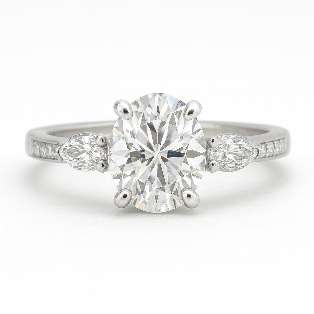 4.50 CT Lab Grown Oval Brilliant Diamond Ring with Pear Side Stones in 14K White Gold: Elegant 4.50 carat lab grown oval brilliant cut diamond centerpiece, accented by pear-shaped side stones for extra sparkle. Crafted in 14K white gold with a polished finish.Color Grade: E–FClarity: 