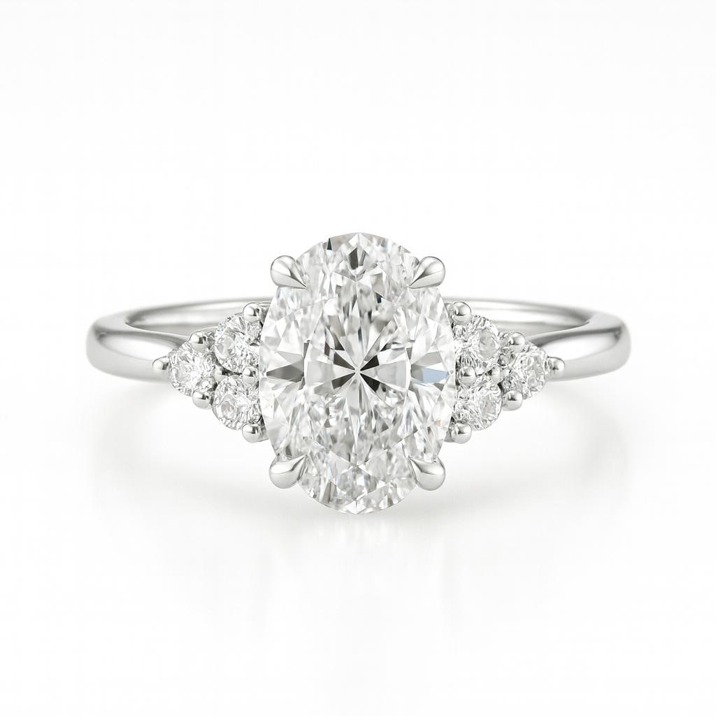 4.50 CT Lab Grown Oval Brilliant Diamond Ring with Side Stones in 14K White Gold (1 of 3)