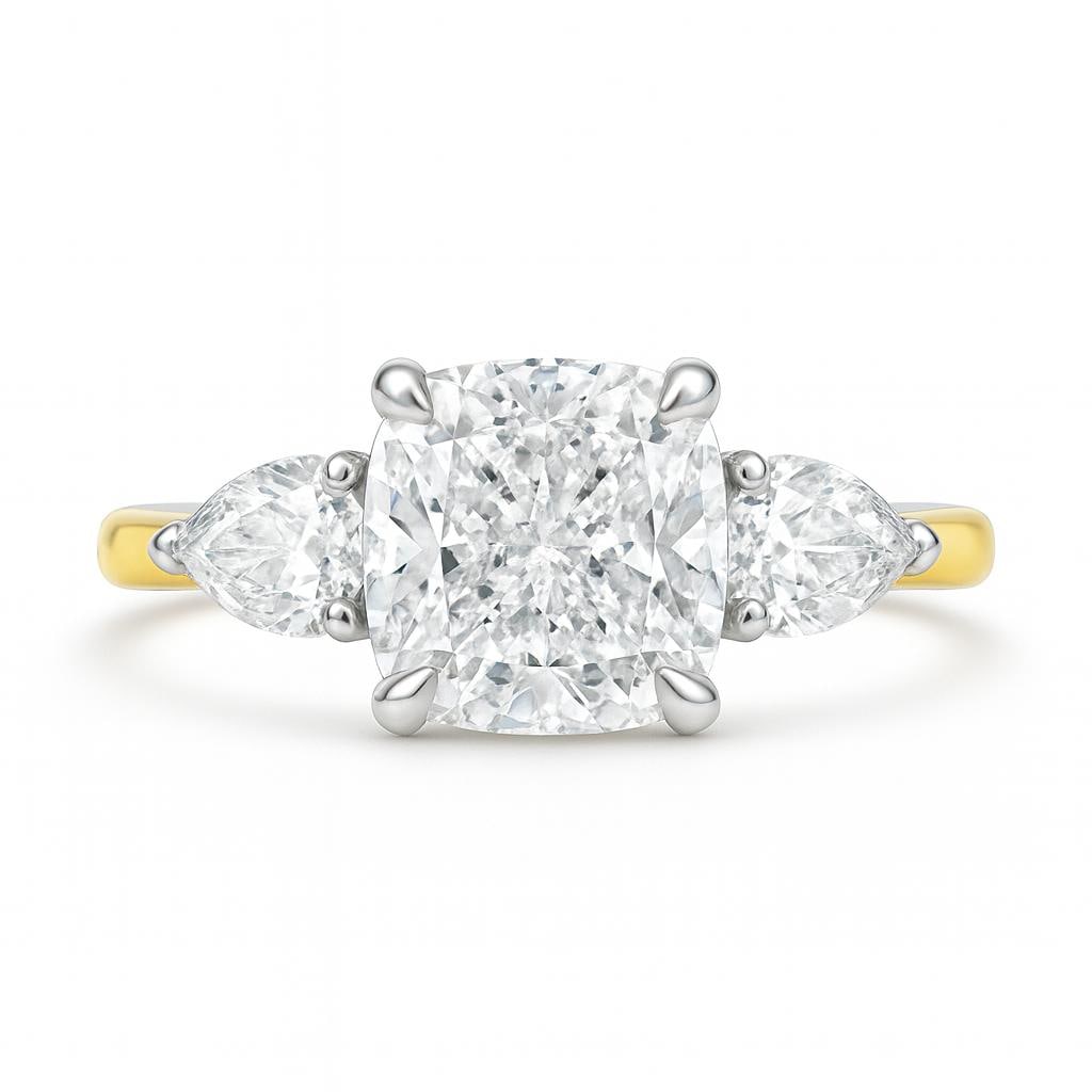 5.00 CT Lab Grown Cushion Brilliant Diamond Ring with Pear Side Stones in 14K Yellow Gold: Stunning 5.00 carat lab grown cushion brilliant cut diamond centerpiece, flanked by elegant pear-shaped side diamonds. Crafted in 14K yellow gold with a polished finish, combining brilliance with mode