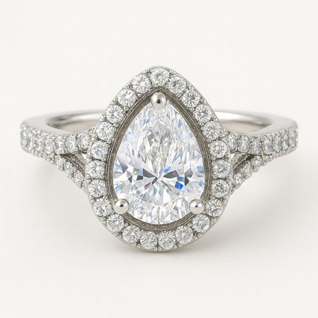 5.50 CT Lab Grown Pear Cut Diamond Halo Engagement Ring in 14K White Gold: Stunning 5.50 carat lab grown pear cut diamond centerpiece, surrounded by a halo of lab grown round diamonds for extra brilliance. Crafted in 14K white gold with a high-polish finish, featuring a spli