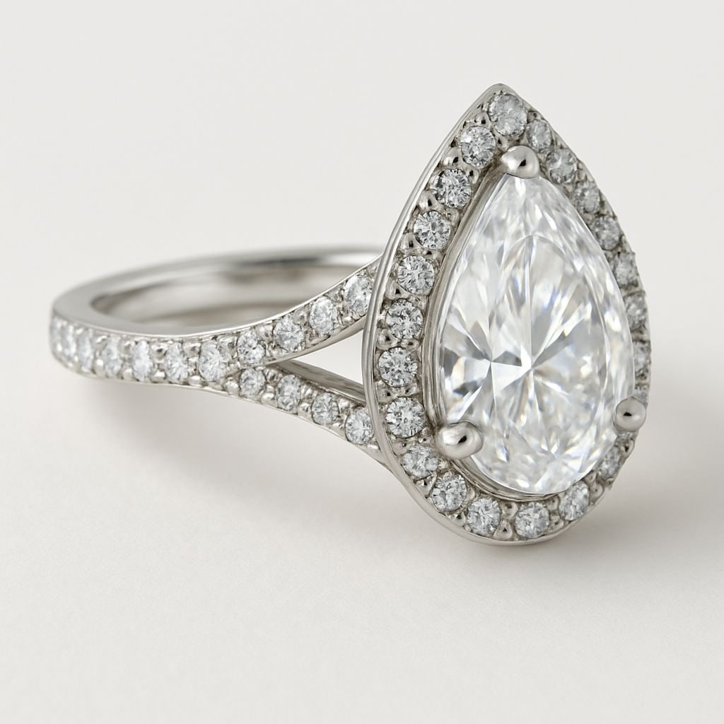 7.00 CT Lab Grown Pear Cut Diamond Halo Engagement Ring in 14K White Gold: Elegant 7.00 carat lab grown pear cut diamond centerpiece, framed by a halo of round brilliant diamonds and pavé-set split shank. Crafted in 14K white gold, this design offers brilliance and sophisti