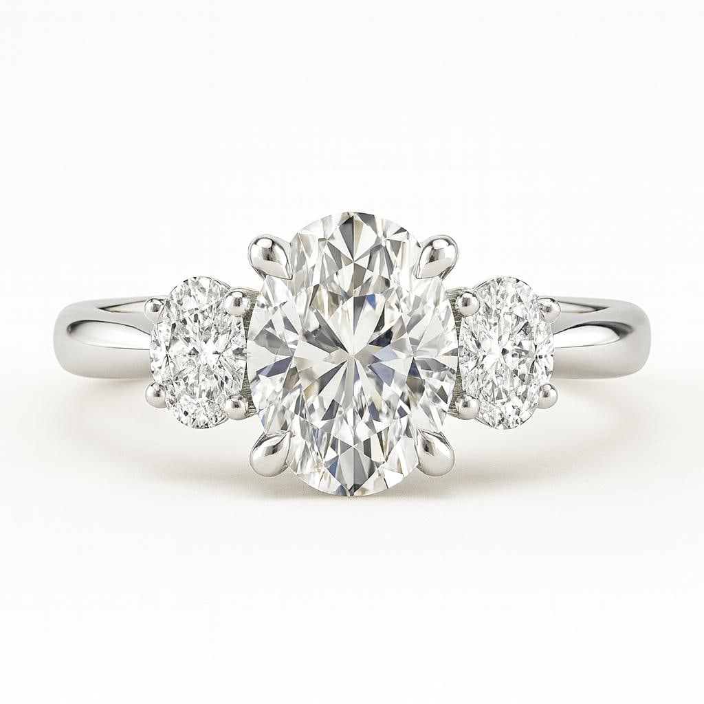 4.50 CT Lab Grown Oval Cut Three-Stone Diamond Ring in 14K White Gold: Stunning 4.50 carat lab grown oval cut diamond centerpiece, accented by two oval side diamonds for a timeless three-stone design. Crafted in 14K white gold with a polished finish, this ring radiates b