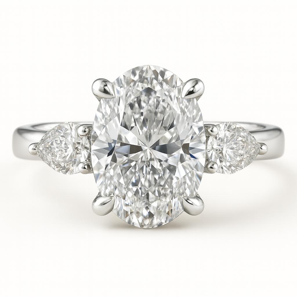 8.00 CT Lab Grown Oval Cut Three-Stone Diamond Ring in 14K White Gold: Magnificent 8.00 carat lab grown oval cut diamond centerpiece, flanked by two pear-shaped side diamonds for a classic three-stone design. Crafted in 14K white gold with a polished finish, this ring sh