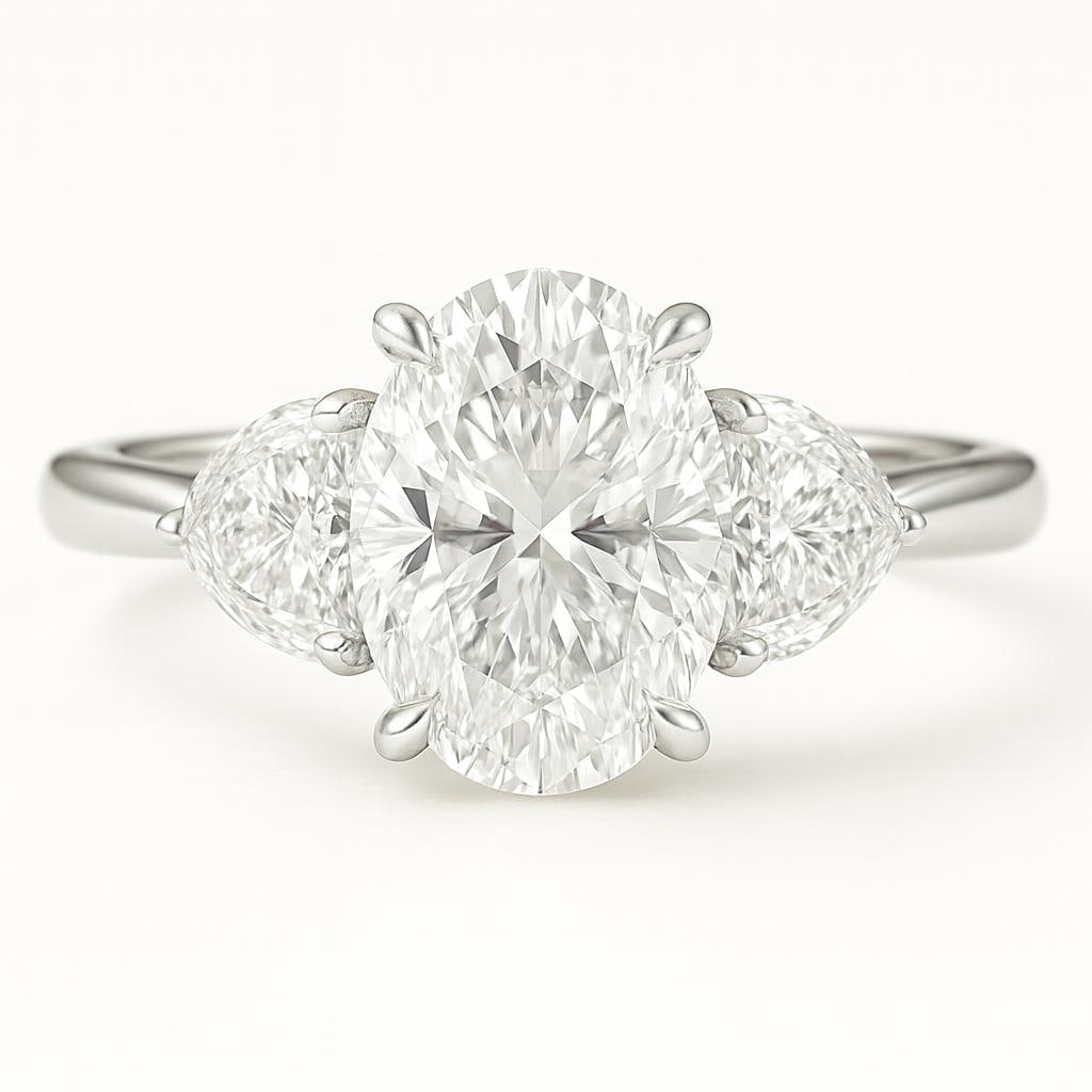 7.50 CT Lab Grown Oval Cut Three-Stone Diamond Ring in 14K White Gold: Stunning 7.50 carat lab grown oval cut diamond centerpiece, accented by two pear-shaped side stones for timeless elegance. Crafted in 14K white gold with a polished finish, this three-stone design rad