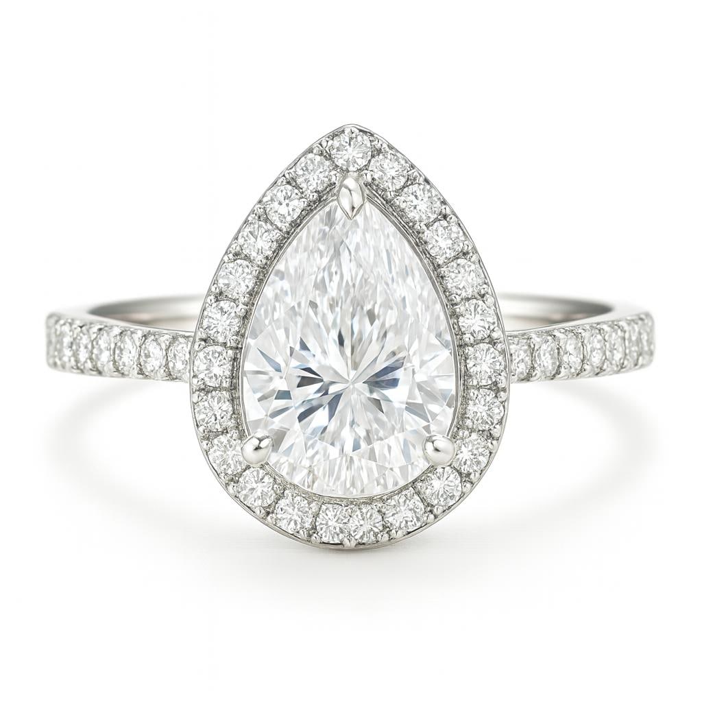 5.00 CT Lab Grown Pear Cut Halo Diamond Ring in 14K White Gold: Elegant 5.00 carat lab grown pear cut diamond centerpiece, framed by a shimmering halo of smaller lab grown diamonds. Set in 14K white gold with a polished finish, this ring delivers brilliance and ti