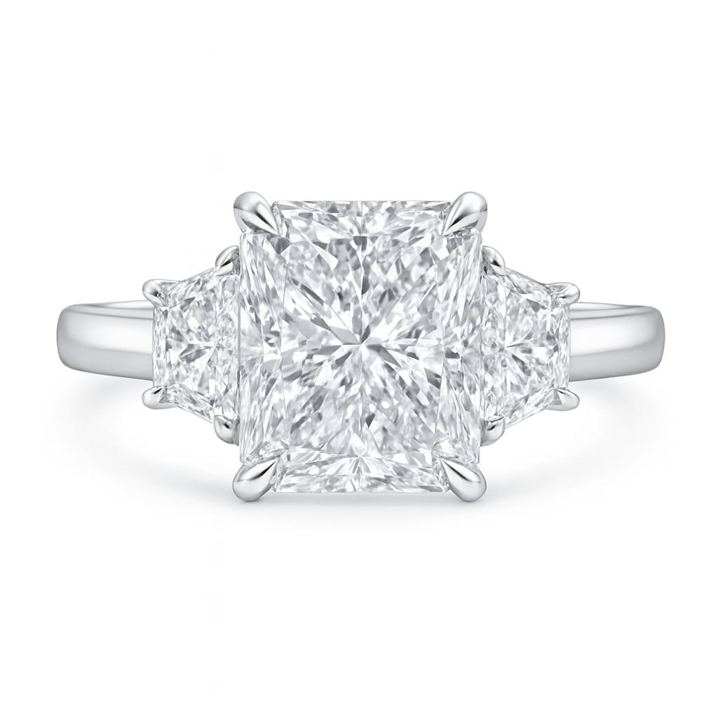 8.50 CT Lab Grown Radiant Cut Three-Stone Diamond Ring in 14K White Gold: Stunning 8.50 carat lab grown radiant cut diamond centerpiece, flanked by two trapezoid lab grown diamonds for a bold three-stone design. Crafted in 14K white gold with a polished finish, this ring re