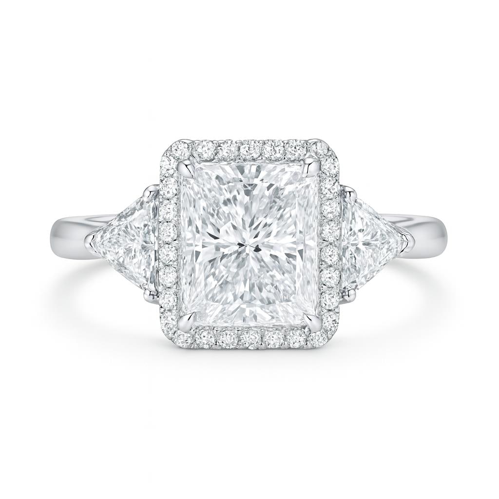 8.50 CT Lab Grown Radiant Cut Diamond Halo Engagement Ring in 14K White Gold: Stunning 8.50 carat lab grown radiant cut diamond centerpiece, surrounded by a halo of pavé diamonds and flanked by trapezoid side stones. Crafted in 14K white gold with a polished finish, this engag