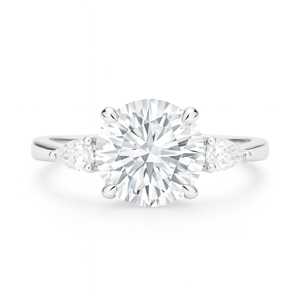 3.50 CT Lab Grown Round Brilliant Diamond Engagement Ring with Pear Side Stones in 14K White Gold: Elegant 3.50 carat lab grown round brilliant cut diamond centerpiece, accented by pear-shaped side diamonds for a touch of classic sophistication. Crafted in 14K white gold with a polished finish, thi