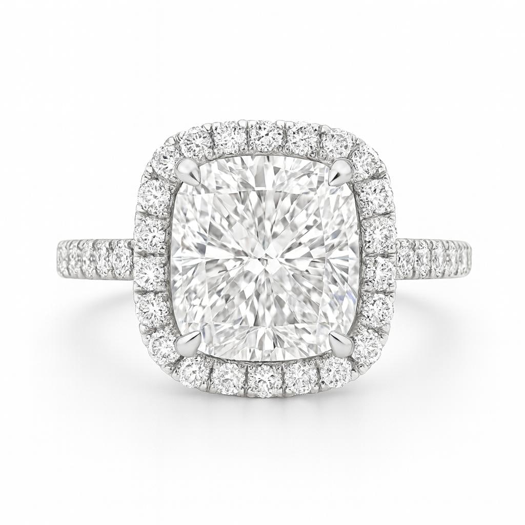 7.50 CT Lab Grown Cushion Cut Diamond Halo Engagement Ring in 14K White Gold: Stunning 7.50 carat lab grown cushion cut diamond centerpiece, framed by a halo of round brilliant lab grown diamonds. Set on a pavé diamond band in 14K white gold for added sparkle and elegance. Per