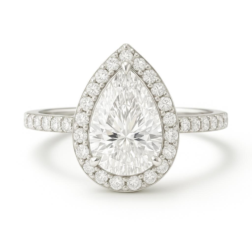 4.00 CT Lab Grown Pear Shape Diamond Halo Engagement Ring in 14K White Gold: Elegant 4.00 carat lab grown pear shape diamond centerpiece, surrounded by a shimmering halo of lab grown round brilliant diamonds. Set on a pavé diamond band crafted in 14K white gold for added bril
