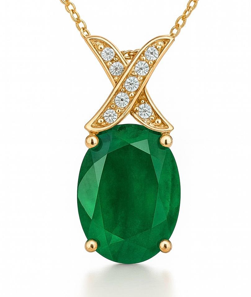 5.00 CT Lab Grown Emerald Pendant with Diamond Accent X-Bale in 14K Yellow Gold: Classic 5.00 carat lab grown oval cut emerald pendant, suspended from an elegant X-shaped bale set with sparkling round brilliant lab grown diamonds. Crafted in 14K yellow gold, this pendant blends so