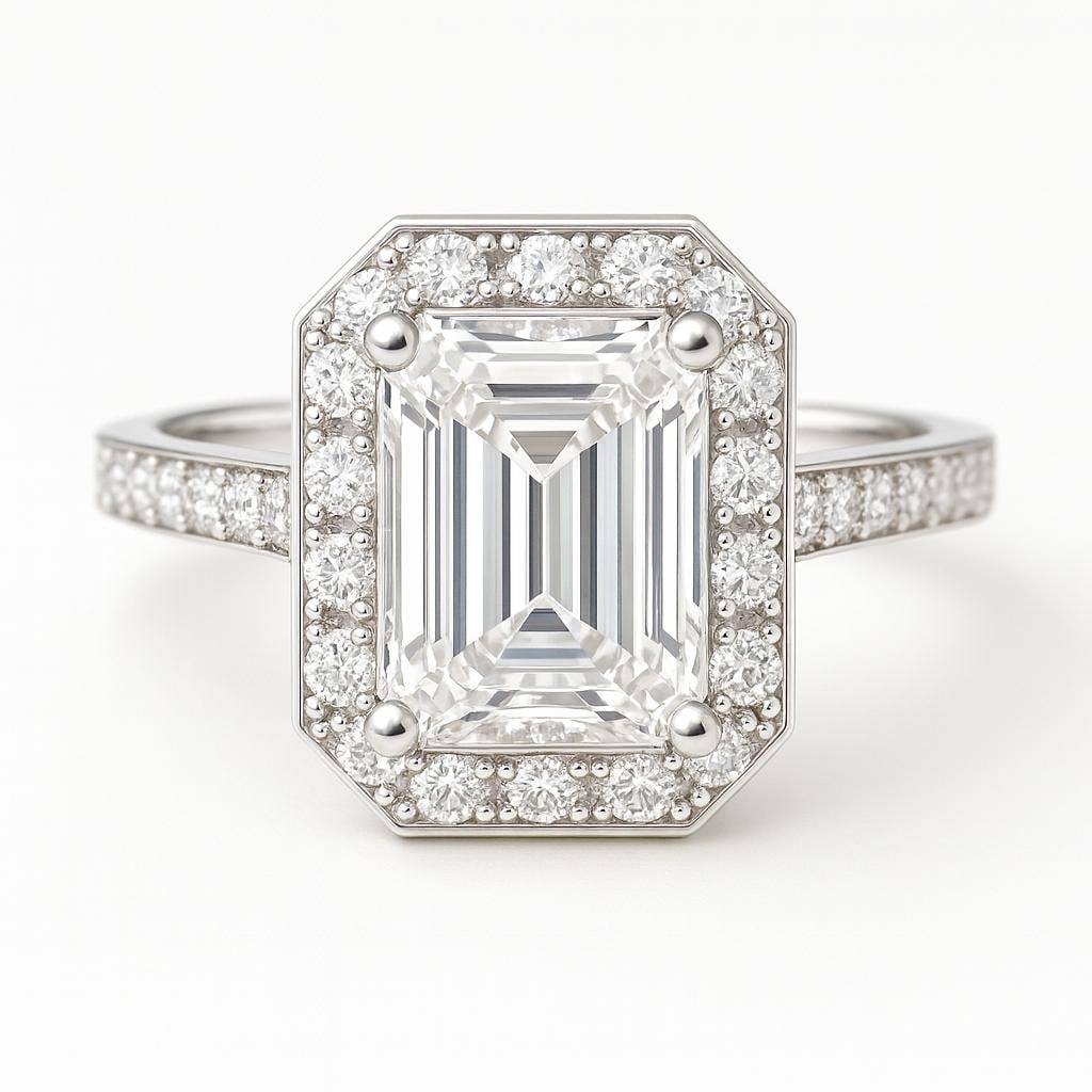 4.00 CT Lab Grown Emerald Cut Halo Diamond Ring in 14K White Gold: Elegant 4.00 carat lab grown emerald cut diamond centerpiece, framed by a sparkling halo of round brilliant diamonds. Set in 14K white gold with a pavé diamond band, this ring offers timeless glamour