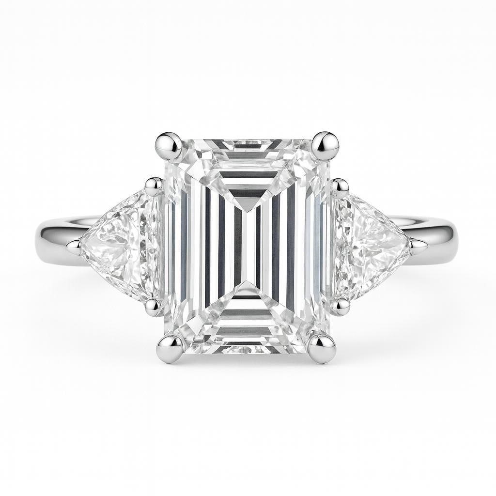 7.50 CT Lab Grown Emerald Cut Three Stone Diamond Ring in 14K White Gold: Magnificent 7.50 carat lab grown emerald cut diamond, enhanced with two striking trillion cut diamond side stones. Expertly set in 14K white gold, this three-stone design symbolizes elegance, brillian