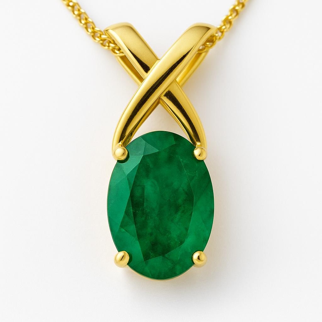5.00 CT Lab Grown Oval Emerald Pendant in 14K Yellow Gold: Elegant 5.00 carat lab grown oval-cut emerald centerpiece, set in a polished 14K yellow gold pendant. A minimal yet bold statement piece showcasing natural beauty and luxury. Chain not included.Color: