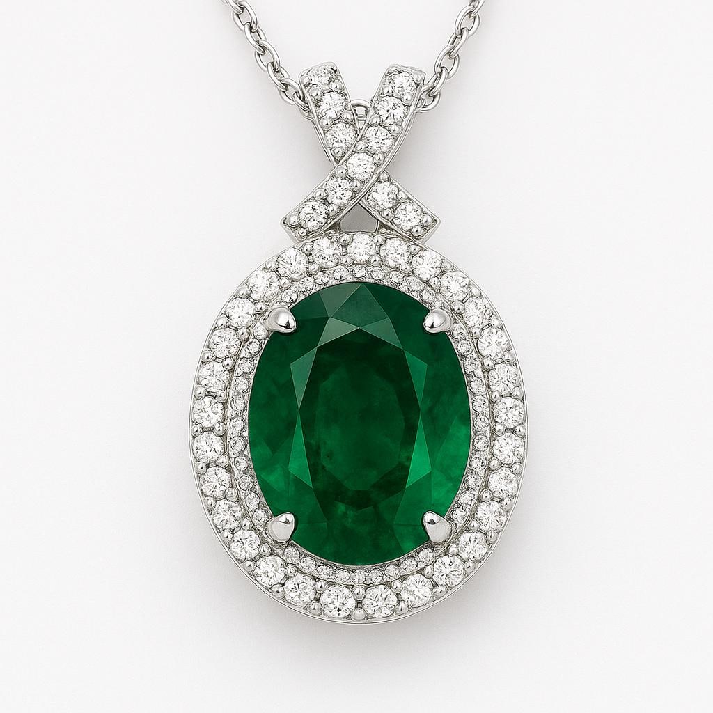 4.00 CT Lab Grown Oval Emerald Halo Pendant in 14K Yellow Gold: Elegant 4.00 carat lab grown oval-cut emerald pendant, surrounded by a dazzling halo of lab grown diamonds. Crafted in polished 14K yellow gold, this pendant showcases timeless luxury. Chain not inclu