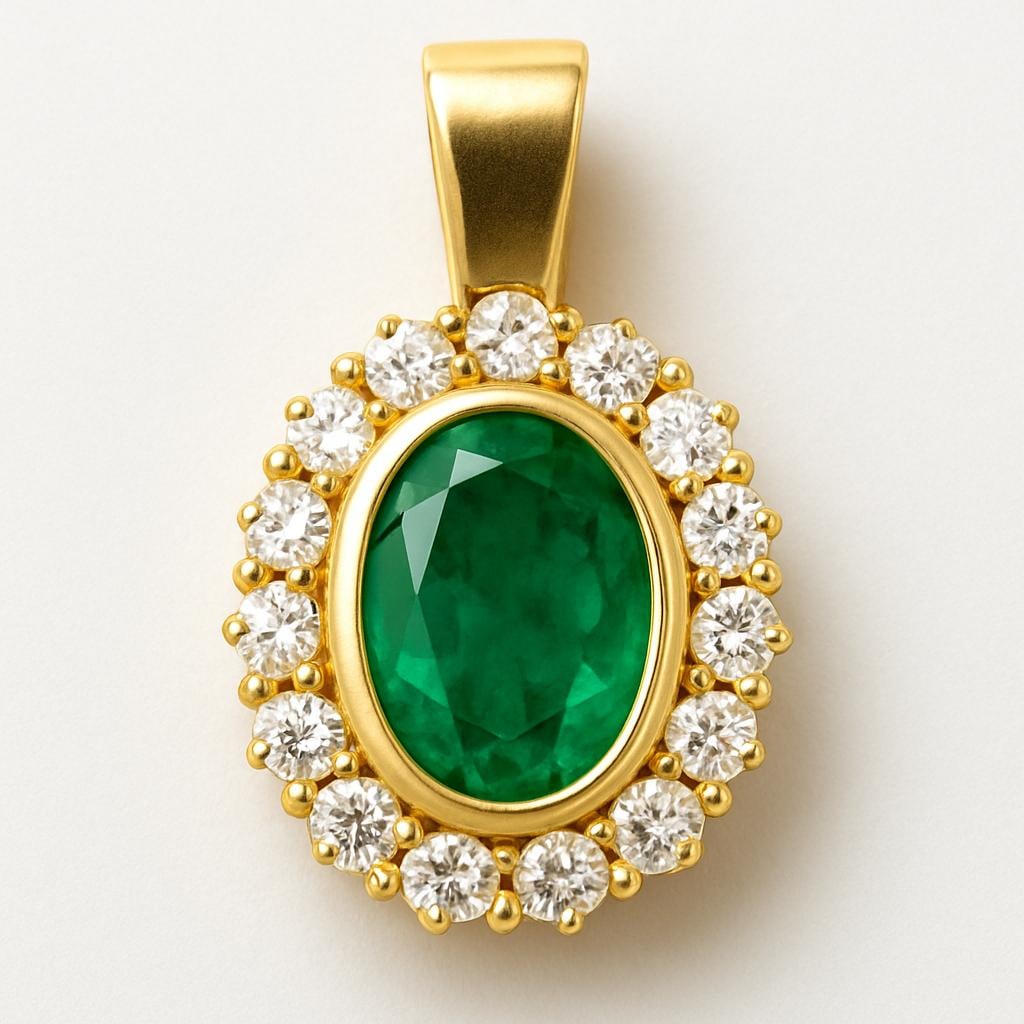 4.00 CT Lab Grown Oval Emerald Halo Pendant in 14K Yellow Gold: Elegant 4.00 carat lab grown oval-cut emerald pendant, surrounded by a dazzling halo of lab grown diamonds. Crafted in polished 14K yellow gold, this pendant showcases timeless luxury. Chain not inclu