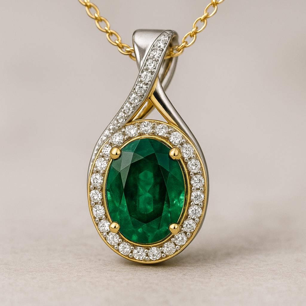 5.00 CT Lab Grown Oval Emerald Halo Pendant in 14K Two-Tone Gold: Stunning 5.00 carat lab grown oval-cut emerald centerpiece, encircled by a halo of sparkling lab grown diamonds. Set in elegant 14K two-tone gold with polished finish for a luxurious appeal. Chain not